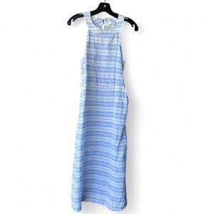SIGRID OLSEN 100% Linen Blue White Stripe Midi Dress Pockets Coastal Classic | 6